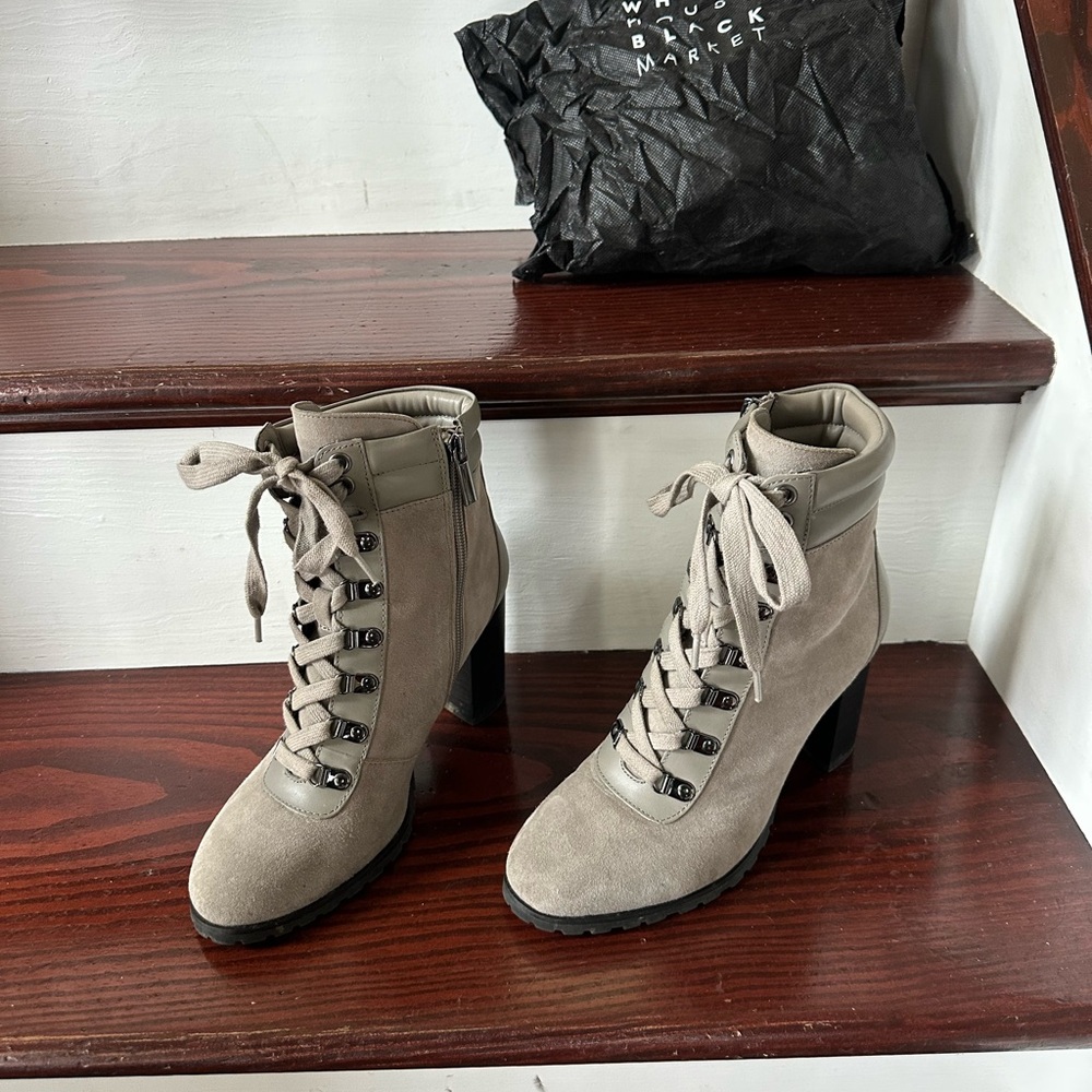 White House Black Market grey Lace-Up Block Heel just above Ankle Boots